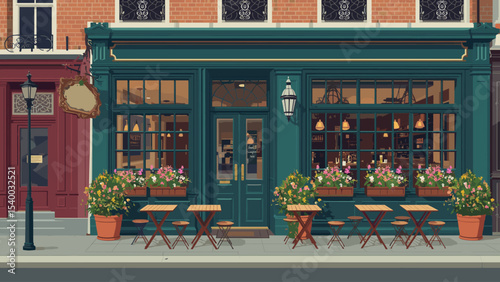 Charming vintage café with outdoor seating and flower decorations. Warm interior lighting and elegant storefront design in European style