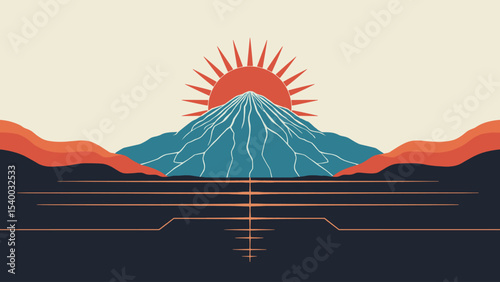 Minimalist vector landscape of a mountain with sunrise. Bold geometric shapes with warm colors and stylized lines reflecting on water