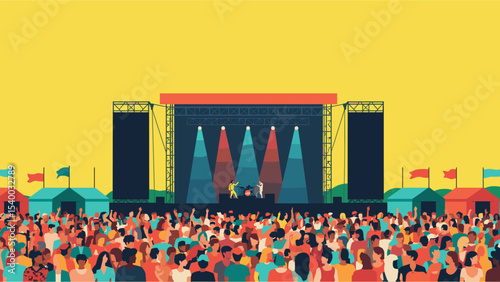 Flat vector illustration of a large music festival with a stage, colorful crowd, tents, and bright yellow sky. Outdoor summer concert scene