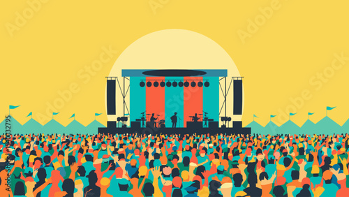 Flat vector illustration of a large music festival with a stage, colorful crowd, tents, and bright yellow sky. Outdoor summer concert scene