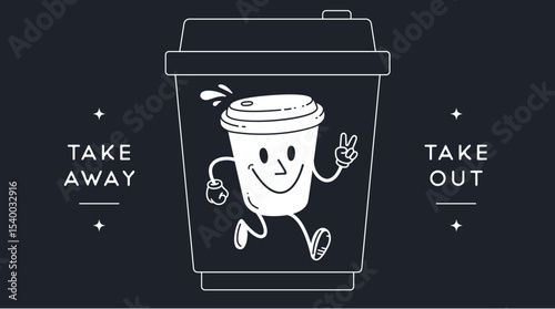 Coffee cup, funny character mascot. Design template, logo, sign, graphic element for advertising, branding, poster. Funny coffee cup, cartoon character mascot, smile coffee cup. Vector Illustration