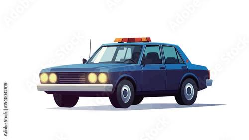 A digital illustration of a retro-style four-door police sedan in dark blue. The car is depicted in a low-poly or simplified style, with clean lines and minimal detail.  It features a light bar on