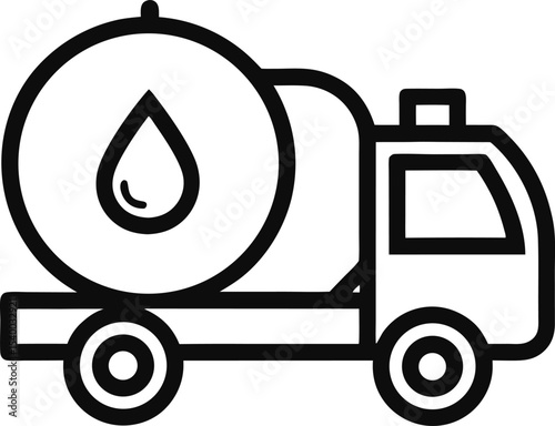 "Vector line icon of a water tanker truck, large rounded tank with droplet symbol black outline. 