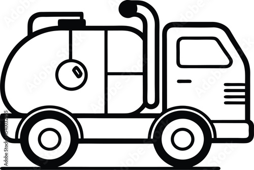 Vector line art of a vacuum or sanitation truck with round rear tank and hoses."

