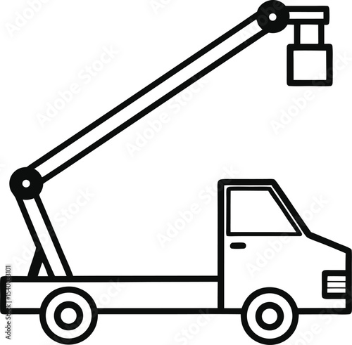 "Vector outline of a telescopic boom lift truck, elevated platform arm extended."












