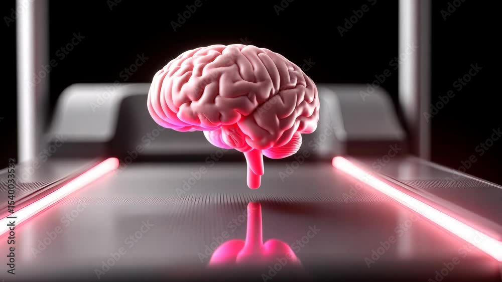 A floating brain on a treadmill conveys a futuristic approach to mental fitness and cognitive training.