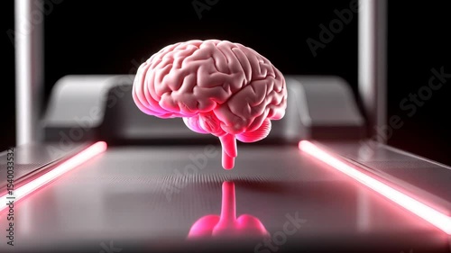 A floating brain on a treadmill conveys a futuristic approach to mental fitness and cognitive training.