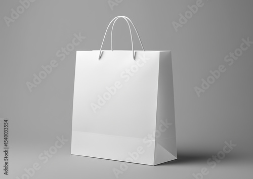 White shopping bag on grey background, ultra high-res vector, 8K detail, pro color grading, clean focus, stock photo style, minimal and sharp design