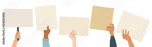Mains de différentes couleurs de peau qui tiennent des pancartes dans une manifestation - Vecteur minimal, illustration éditable
