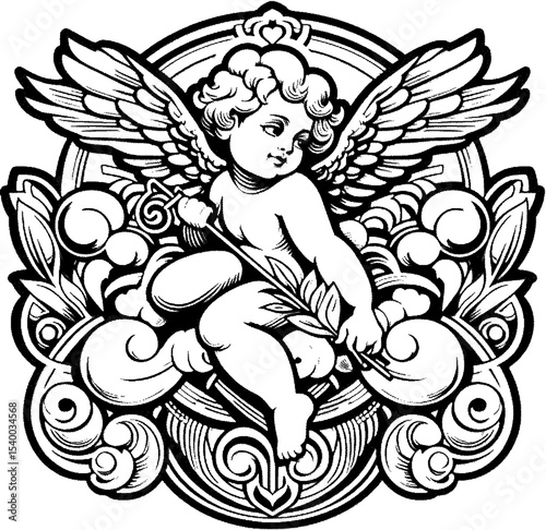 Cherubic angel with wings, holding a sprig, in ornate frame high detailed sketch art