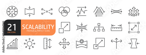 Set of line icons related to capacity, adaptability, scalable resize, growth, expansion, performance and more. Outline icons collection. Editable stroke. Vector illustration.
