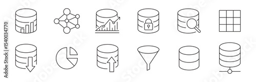 Database icon set. Editable stroke. Thin line icons related to data exchange, traffic, files, cloud, server.  vector illustration . 