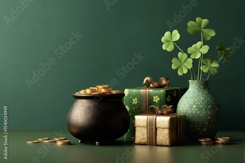 Ornamental components with clovers, a present box, and a pot of gold money against a green backdrop. Generative Ai