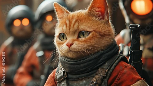 A brave orange cat dressed in tactical military gear stands confidently among soldiers with glowing eyes, blending cuteness with a serious warrior presence in a combat zone.