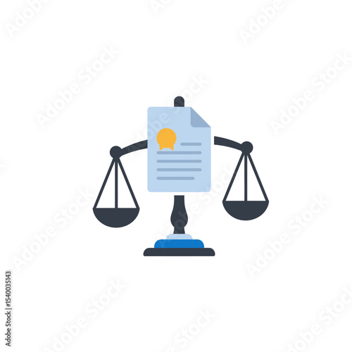 Stylized Scales of Justice with Document and Seal Flat Vector Icon.