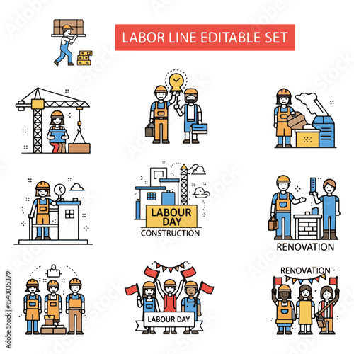 Labor Day Construction Renovation Line Art Icon Set Workers Teamwork Building Crane Tools vector