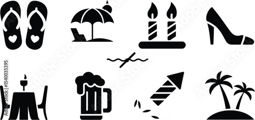 Collection of Eight Black Glyph Icons Flip-Flops, Beach Umbrella, Candles
