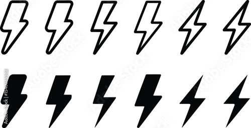 Collection of twelve lightning bolt icons, six outlined and six filled, perfect for web design or app interfaces.
