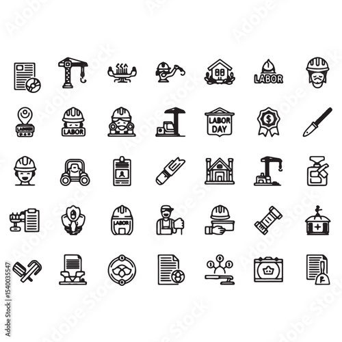 Labor Day Icon Set Black and White Construction Worker Crane Document Safety Helmet Award icons