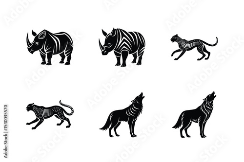 Stylish black and white animal silhouettes of rhino, cheetah, and wolf on white background
