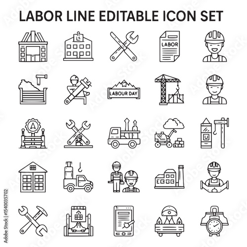Labor Day Icon Set Black Line Art Graphics Workers Construction Tools Buildings Factory Crane Hammer Wrench