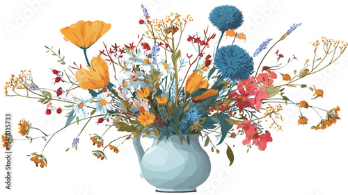 A digital illustration depicting a vibrant bouquet of wildflowers arranged in a light blue ceramic pitcher. The bouquet includes various types of flowers in shades of yellow, orange, red