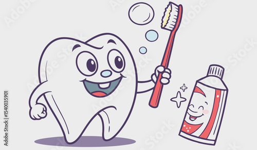 Bright and friendly tooth mascot happily holds a toothbrush, encouraging children to embrace good oral hygiene habits during a fun dental health event 