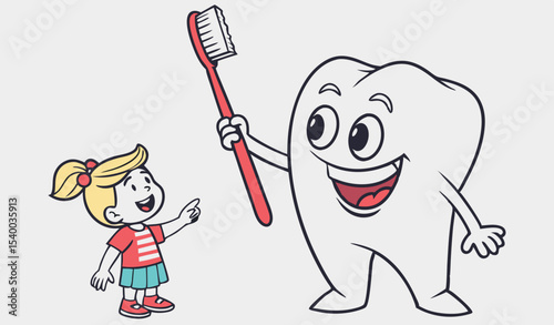 Bright and friendly tooth mascot happily holds a toothbrush, encouraging children to embrace good oral hygiene habits during a fun dental health event 