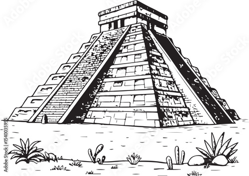 Chichen Itza, Mexico Vector Illustration, Sketch Drawing Line Linear Symbol Icon Engraving Coloring Book, Hand-drawn Black and White Isolated