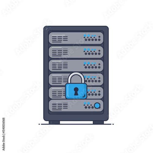 Secure Server Rack with Blue Padlock Protecting Data and Network Infrastructure.