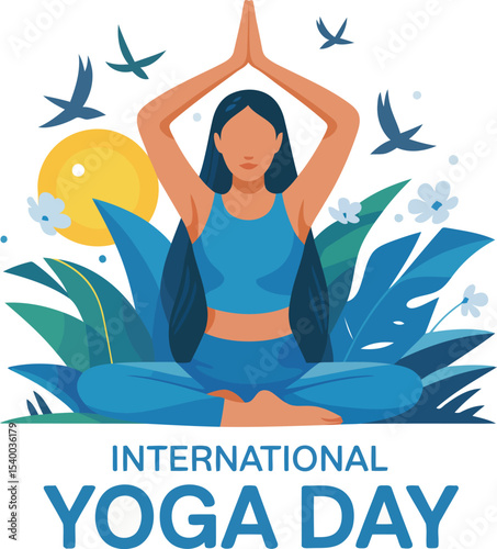 International Yoga Day Woman Meditating in Lotus Pose Surrounded by Lush Greenery and Birds