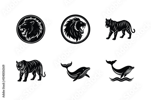 Set of six black and white vector illustrations featuring lions tigers and whales on white background