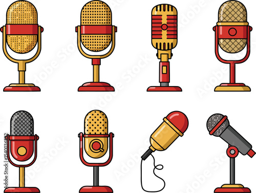 Collection of Retro and Modern Microphone Icons, Vintage and Contemporary Designs, Broadcasting and Recording Equipment