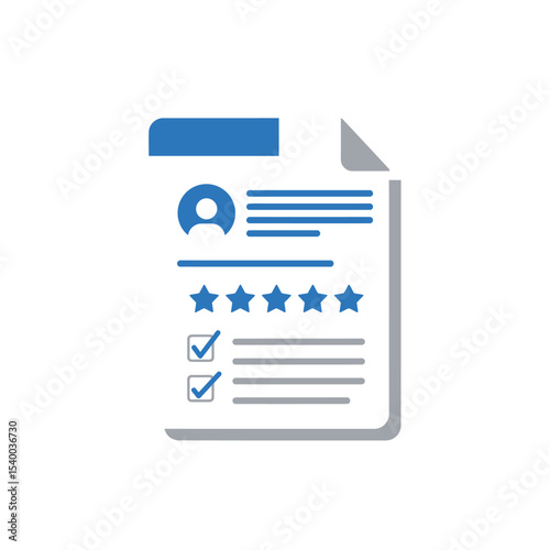 Blue and Gray Document with Profile Icon Stars and Checkmarks Illustration.