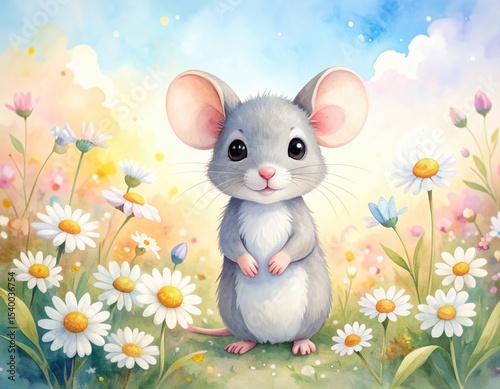 Adorable cartoon mouse in a field of colorful flowers with a sunny sky