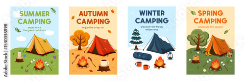 Seasonal camping posters set. Promo flyers for seasonal camping, trip, hiking, nature, journey, picnic. A4