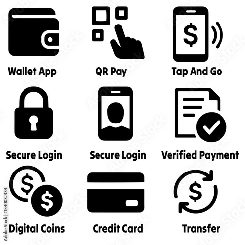 Nine black and white icons representing digital and traditional payment methods