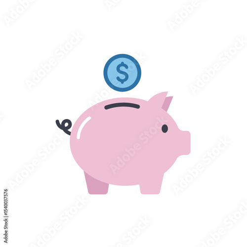 Pink Piggy Bank with a Single Dollar Coin Depositing.