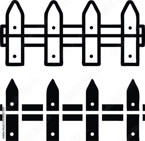 Symmetrical Wooden Fence Icon – Black and White Line Art with Rustic Low-Poly Aesthetic