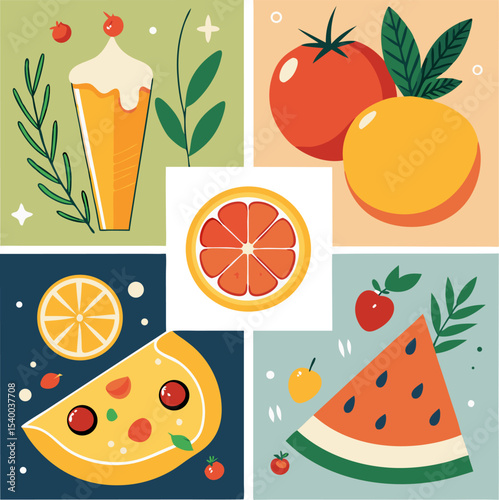 Hand drawn food posters for the kitchen. Abstract prints with pizza, lemon, tomato, cheese, Italian pasta, seafood. Dolce vita aesthetics. 
