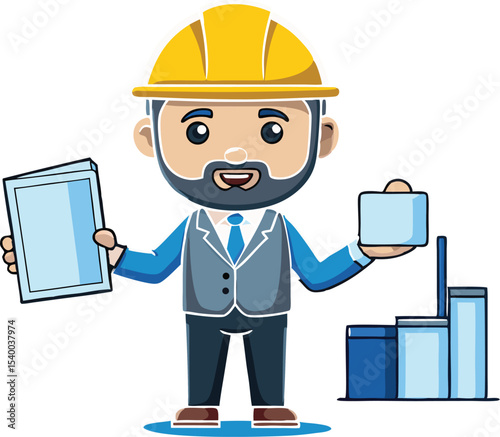 Funny cartoon builder character with laptop, a simple vector illustration of a construction worker