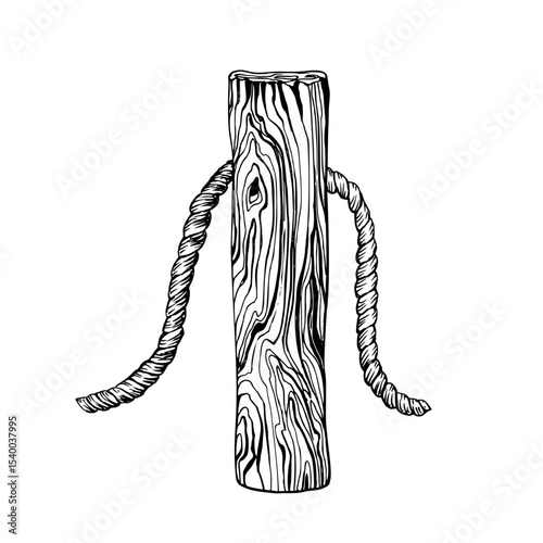 A wooden mooring post with a coiled rope. Black and white vector illustration capturing a nautical, rustic marine theme. Sketch isolated on white. Ideal for seaside or coastal design elements.
