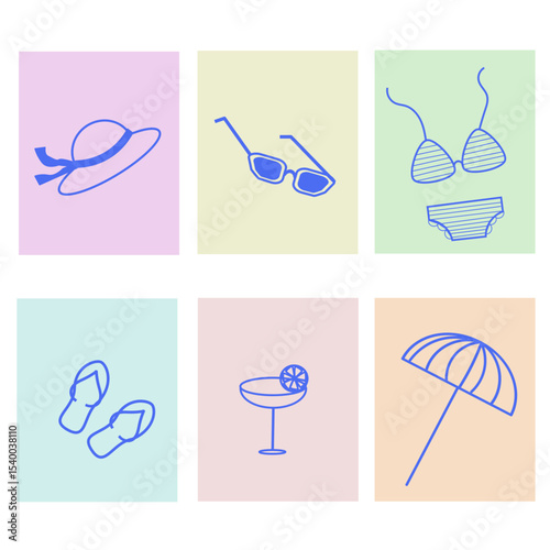 Set di icone mare e vacanze in riquadri colorati, elementi vettoriali per cartoline, adesivi, banner
