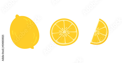 Whole lemon, lemon slice, and wedge on white background in flat style.