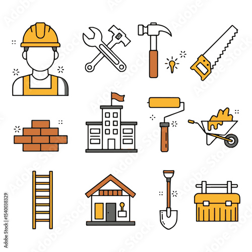 Construction Worker Icon Set Orange Yellow Tools Building House Brick Ladder vector