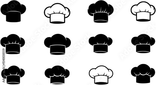 Chef hat silhouette icons set, professional cooking symbols, kitchen uniform vector designs, culinary logo concepts, food industry illustrations, chef hats for branding, menus, advertisements