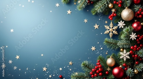 Festive christmas decoration with fir branches baubles berries and sparkling golden stars on a teal blue background, JPG.