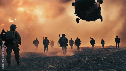 Armed soldiers move across a battlefield at sunset with a military helicopter overhead, creating a dramatic and intense war scene filled with dust, tension, and motion.
