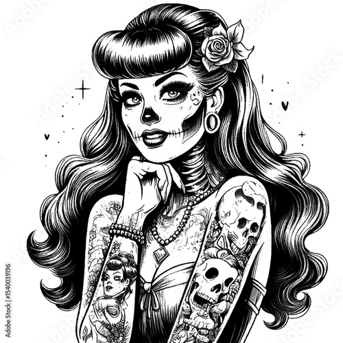 A tattooed calavera catrina, high detailed sketch art