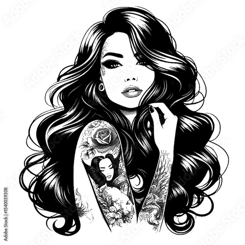 A woman with flowing dark hair and intricate tattoos, high detailed sketch art